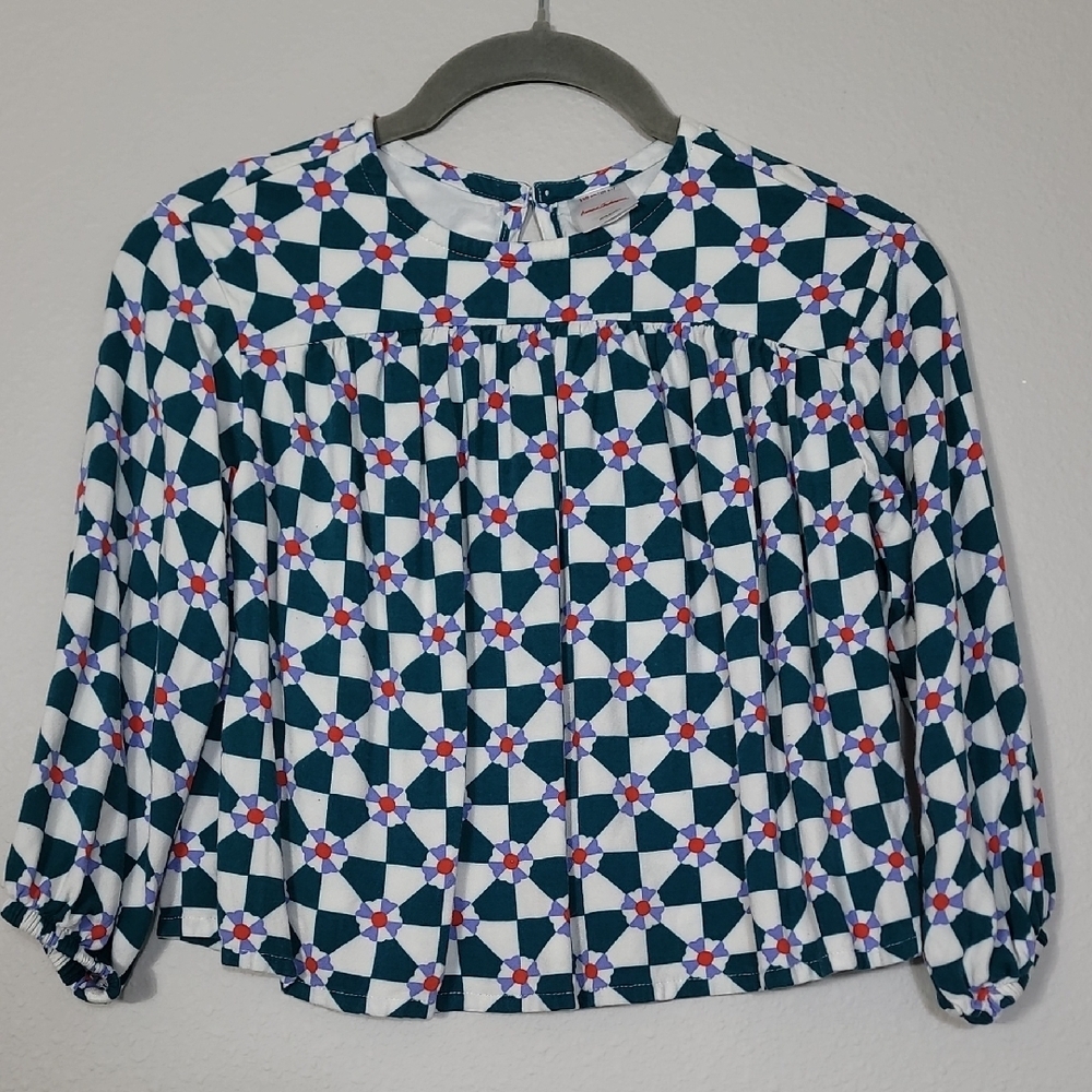 Hanna Andersson Checkerboard Woven Party Top Size 6-7 Green Long Sleeve
